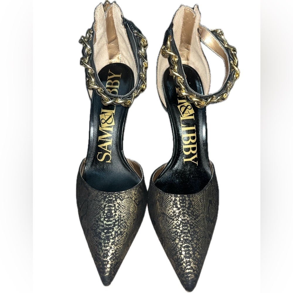 Sam & Libby Dylan Gold Black Ankle Chain Strap Stiletto 4" Heels Shoes, Size 9.5